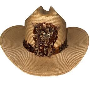 Sisal Owl Feather Cowboy Hat Bushwhacker 7 1/4 Straw USA MADE Golden Pheasant
